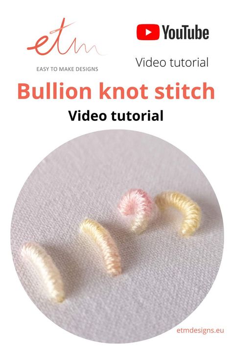 Bullion knot (bullion stitch) is a very versatile stitch. You can use Bullion knots not only to make famous Bullion roses but also, to embroider petals of other flowers, make buds, leaves, grass, starfish, and many more. Watch a video tutorial and learn how to make a bullion knot stitch! Impara ricamo a mano - Punto vapore. Siuvinėjimo dygsniai - Video.  #bullionknot #puntovapore #embroidery #diy Bouillon Stitch Embroidery, Padded Embroidery Tutorial, Bullion Embroidery Tutorial, Fancy Embroidery Stitches, Bullion Roses Embroidery Tutorial, Bullion Roses Embroidery, Bullion Knot Embroidery Designs, Bullion Knot Embroidery, Embroidery Sculpture