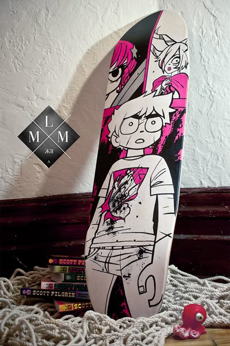 Skateboard Designs, Scott Pilgrim Comic, Skateboard Deck Art, Skateboard Art Design, Skateboard Photography, Custom Skateboards, Scott Pilgrim Vs. The World, Cool Skateboards, Skate Art