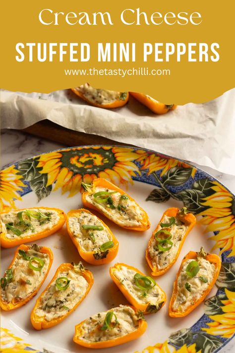 sunflower plate with yellow stuffed mini peppers with cream cheese Cream Cheese Stuffed Mini Peppers, Peppers With Cream Cheese, Cheese Stuffed Mini Peppers, Appetizer Sweet, Mini Bell Peppers, Mini Peppers, Breakfast Soup, Spicy Appetizers, Festive Recipes