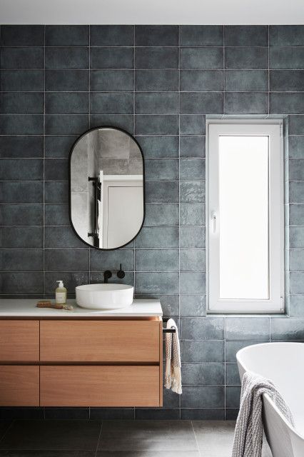 Earthy Tiles, Dark Gray Bathroom, Wall Basin, Grey Bathroom Tiles, Timber Vanity, Grey Backsplash, Dark Bathrooms, Mirror Backsplash, Eclectic Bathroom