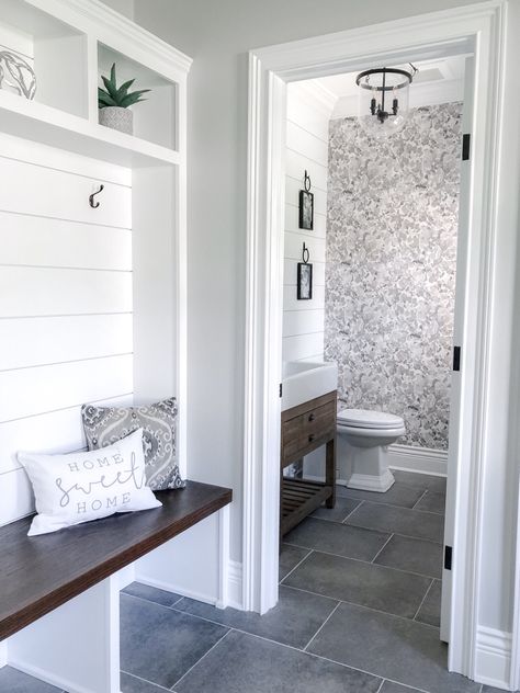 Half Bath Ideas Powder Rooms, Powder Room Ideas Farmhouse, Coastal Powder Room Ideas, Transitional Mudroom, Creative Interior Design Ideas, Coastal Powder Room, Powder Room Tile, Room Wallpaper Ideas, Powder Room Renovation