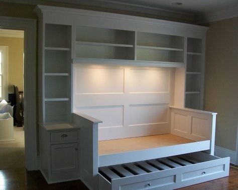 Built-in bed and shelving! Plus the trundle bed, this is incredible. Built In King Bed With Storage, Basement Refresh, Built In Bookshelves, Traditional Bed, Trundle Bed, Bedroom Designs, Bedroom Storage, My New Room, Boy's Room