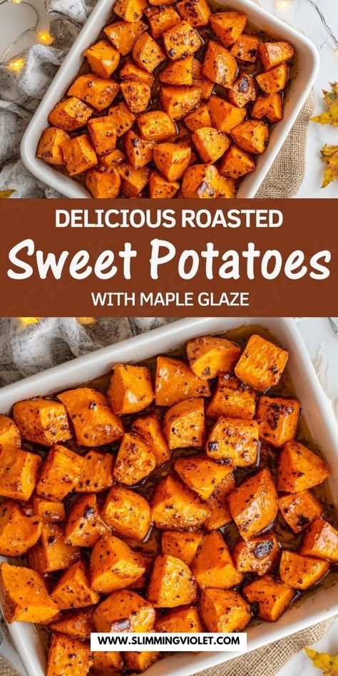 These Roasted Sweet Potatoes with Maple Glaze are a perfect blend of sweet and savory! Coated in a delicious maple glaze, they’re easy to make and add a rich, caramelized flavor to your meal. This recipe is ideal for holidays or any time you want a simple yet special side dish. Save this pin for a sweet potato recipe that’s as easy as it is delicious! Roasted Sweet Potatoes With Maple Syrup, Sweet Potatoes Recipes For Thanksgiving, Chopped Sweet Potato Recipes, Maple Roasted Sweet Potatoes, Thanksgiving Sweet Potatoes Recipes, Sweet Potato Glaze, Sweet Sweet Potato Recipes, Maple Sweet Potato Recipes, Savory Roasted Sweet Potatoes