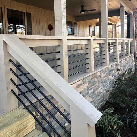 rebar railing - Google Search | Rebar railing, Deck railing design ... Porch Railing Ideas Farmhouse, Rebar Railing, Front Porch Railing Ideas, Porch Railing Ideas, Deck Railing Diy, Porch Railing Designs, Deck Stair Railing, Metal Deck Railing, Front Porch Deck