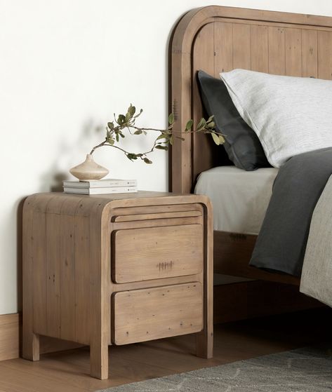 round edged nightstand + light nightstand + wood nightstand + nightstand with drawers + round nightstands | Scout and Nimble Round Nightstand, Teak Nightstand, Modern Outdoor Sofas, Nightstand Light, Elegant Bedding, Elegant Dining Room, Rustic Lodge, Dreamy Bedrooms, Four Hands