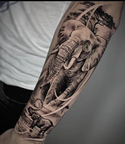 21 Elephant Tattoos on Forearm Ideas: Embrace the Power and Grace Tattoos On Forearm, Realistic Elephant Tattoo, Skull Thigh Tattoos, Tattoo Elephant, Africa Tattoos, Animal Sleeve Tattoo, Tier Tattoo, Cool Nature, Wolf Tattoo Sleeve