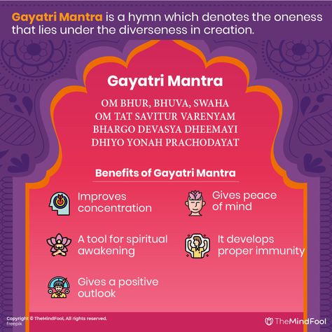 Gayatri mantra meaning invokes the brilliance of the supreme power within you. You develop clarity of thought and understanding. There is a subtle awareness and alertness that develops a powerful intellect.  It purifies your soul from all evils and makes you realize a pure conscious state of universal existence.  #gayatrimantra #mantras #yoga #mantra #om #gayatri #meditation #chanting #hindu #god #vedas #lordvishnu Gayatri Mantra Meaning, Geeta Shlok, Mantra Meaning, Mind Yoga, Mantra Chanting, Yoga Steps, 9 Planets, Sahaja Yoga, Pranic Healing