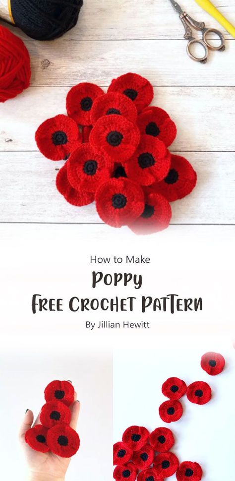 This free crochet pattern by Jillian Hewitt was designed to make a cute, beautiful poppies. The flower is quick and easy to make and would make a great addition to any outfit. Knitted Poppy Free Pattern, Crochet Poppy Free Pattern, Crochet Poppy Pattern, Knitted Poppies, Christmas Knitting Projects, Crochet Flower Headbands, Crochet Poppy, Crochet Necklace Pattern, Crochet Flowers Free Pattern