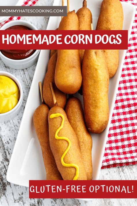 Get fair food right at home with Homemade Corn Dogs, these are also so simple to make gluten-free if that's a need too! Gluten Free Corndog Recipe, Corndog Batter Recipe, Gluten Free Corn Dogs Recipe, Gluten Free Corn Dogs, Corn Dog Batter, Homemade Corn Dogs, Gluten Free Party, Homemade Corndogs, Corndog Recipe