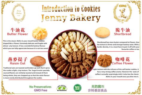 4MixDesc_English Jenny Bakery, Bakery Outlet, Jenny Cookies, Cookies Branding, Pineapple Tart, Baking Goods, Cookie Company, Coffee Flower, Cookie Flavors