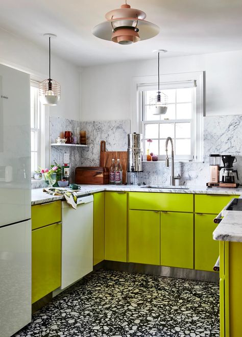 9 Weird Paint Colors Designers Love | Architectural Digest Small Painted Kitchen, Wierd Kitchen Layout, Tiny Colorful Kitchen, Maximalist Small Kitchen, Postmodern Interior Design Kitchen, Kitchen Eccentric, White Terrazzo Tile, Tiny Mansion, Single Living