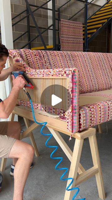 PERCE & WILLIAMS on Instagram: "A glimpse into the making of a very unique and bespoke P&W Waverly corner sofa.

We worked closely with our clients to ensure this sofa met their exact specifications. Starting with a solid Walnut base, set back plinth with proud legs and rounded edges to coincide with existing mid century modern furniture in their home. Instead of splayed arms they requested 90 degree Waverly arms, to maximise the available space meaning more generous seating capacity. Full feather and down seat and scatter interiors to ensure ultimate comfort. All topped of with a incredible view overlooking the ocean 🌊 

And some incredibly striking fabric which is listed below ⬇️ 

Upholstered in:

@clarke_clarke_interiors 

Body/seat cushions: Orpheus - Magenta/Peacock
Scatters: Melang Upholster Sofa Diy, How To Reupholster A Couch, Sofa Upholstery Ideas Fabrics, Diy Corner Sofa, Diy Mid Century Modern, Painted Sofa, Sofa Feet, Diy Mid Century, Clarke And Clarke Fabric