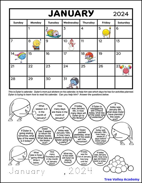 1st graders can learn calendar math with this fun calendar worksheet. Using a January monthly calendar, kids will practice reading a calendar. There are 15 calendar word problems for grade 1 students. A free downloadable PDF includes a printable January 2024 calendar and a different calendar worksheet for 2nd grade. Calendar Worksheets 2nd Grade, 1st Grade Calendar, Worksheet For 2nd Grade, January 2024 Calendar, Fun Calendar, Calendar Skills, Calendar Worksheets, Calendar Word, Maths Worksheets