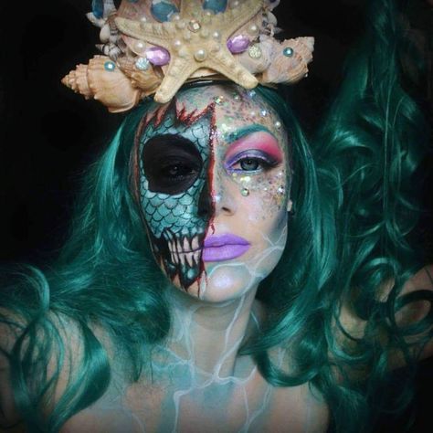 Scary Mermaid Makeup Halloween, Horror Mermaid Makeup, Mermaid Skeleton Makeup, Creepy Mermaid Makeup, Mermaid Skull Makeup, Zombie Mermaid Makeup, Creepy Mermaid Costume, Dead Mermaid Makeup, Evil Mermaid Makeup