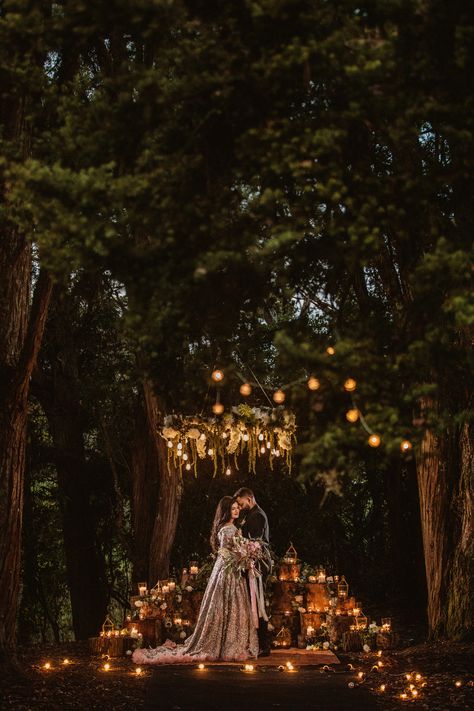 Magical forest setting at Kumeu Valley Estate. Candelit ceremony location with floral chandelier. Mystical Wedding Aesthetic, Moody Enchanted Forest Wedding, Woods Ceremony, Fairytale Background, Swiss Wedding, Nestldown Wedding, Nordic Wedding, Forest Setting, Forest Theme Wedding