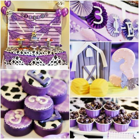 Purple Farm Party (3-I-E-I-O) with lots of Really Cute Ideas via Kara's Party Ideas Kara Allen KarasPartyIdeas.com #girlyfarmparty #westernp... Purple Cow Birthday Party, Party Corner, Barnyard Bash, Golden Birthday Parties, Cow Birthday Parties, Unique Party Ideas, Birthday Purple, Girl Parties, Cow Baby Showers