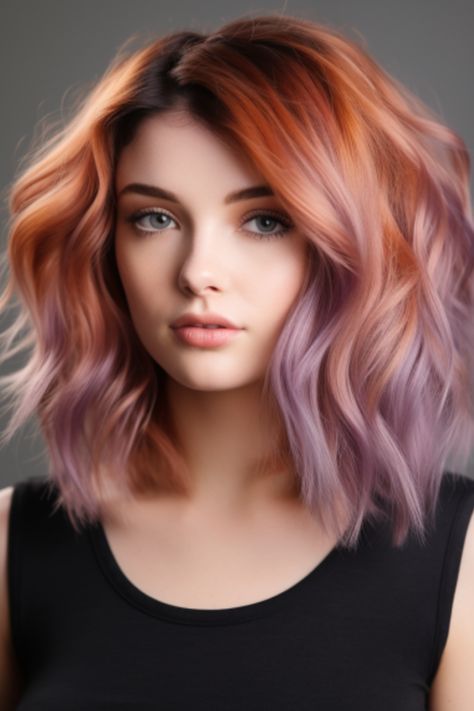 The ethereal copper and lavender blend provides a whimsical mix of colors, ideal for those with a flair for the unique. Lavender highlights add a playful touch to the warm copper base. Click here to check out more lovely copper hair color ideas for 2023. Copper With Pink Highlights, Copper Hair With Peekaboo Color, 2024 Hair Colour For Women, Red Hair With Peekaboo Color, Copper Underneath Hair, Copper Peekaboo Hair, Copper And Purple Hair, Hair Colors 2024, Cool Dyed Hair