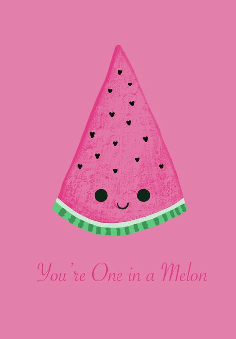 Watermelon slice with cute face and heart shaped seeds. Watermelon Valentines, Watermelon Animals Drawing, Watermelon Card Ideas, Watermelon Cards, Watermelon Bullet Journal, One In A Melon, Valentines Card, Melon, Valentines Cards