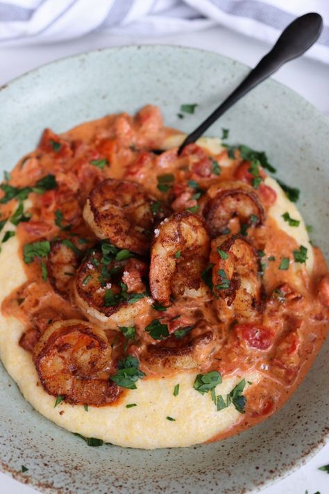 SPICY SHRIMP AND GRITS – CAFÉ CHRISTINA Spicy Shrimp And Grits Recipe, Spicy Shrimp And Grits, Shrimp N Grits Recipe, Shrimp Sauce, Spicy Cheese, Salmon And Shrimp, Grits Recipe, The Deep South, Shrimp And Grits