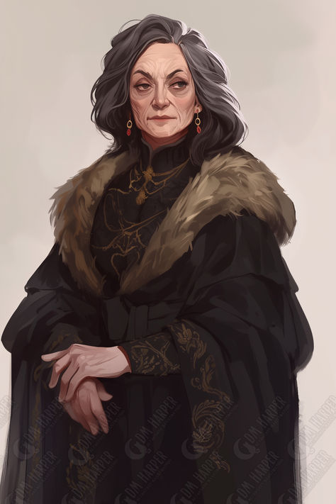 Lady Velrosa Nanda, High Steward of Nightstone, Lawful Good Human Noble (Storm King’s Thunder) Dwarven Fashion, Character Art Witch, Sergei Von Zarovich, Dark Hair Woman, Older Lady Character Design, Witch Queen Art, Old Woman Concept Art, Female Commander, Noble Family Portrait