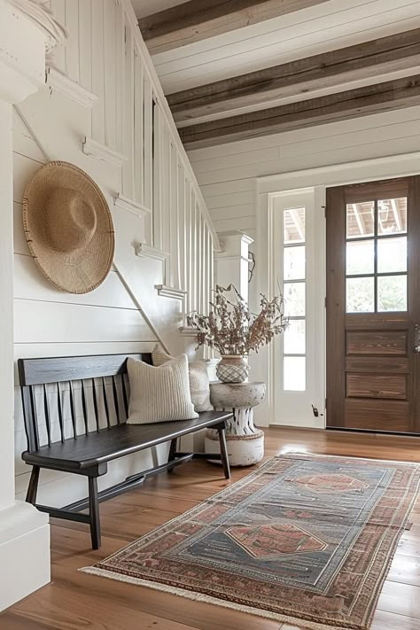 Vintage Entryway Ideas, Cottagecore Entryway, French Country Entryway, Cottage Foyer, Entryway Color, Country Entryway, Cottage Entryway, Rustic Benches, Quiet Minimal