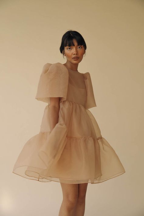 RTW Filipiniana Outfit, Vania Romoff, Tiered Babydoll Dress, Modern Filipiniana, Filipiniana Dress, Beige Outfit, Butterfly Sleeves, Silk Organza, Mode Inspiration