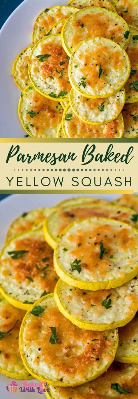 Golden Squash Recipes, Yellow Crookneck Squash Recipes, Rainbow Appetizers, Yellow Appetizers, Squash With Parmesan Cheese, Parmesan Yellow Squash, Squash Appetizer, Crookneck Squash Recipes, Baked Squash Recipes