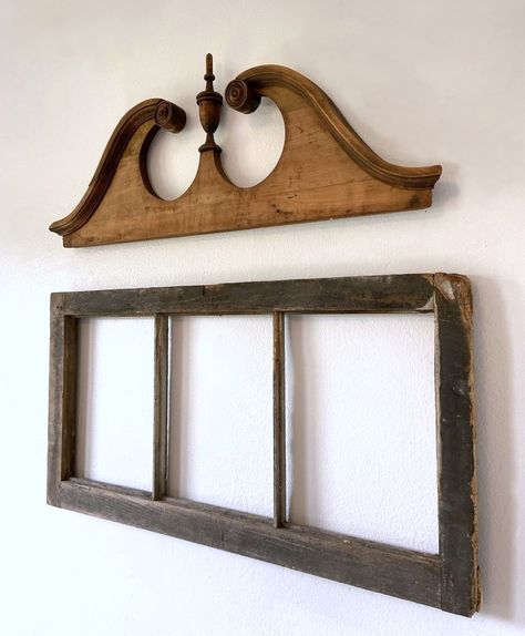 Salvaged furniture pediment wall art by Wisconsin Magpie, featured on DIY Salvaged Junk Projects 539 on Funky Junk! Rustic Window Frame, Vintage Secretary Desk, Salvaged Furniture, Orange Wreath, Rustic Window, Funky Junk Interiors, Mediterranean Home Decor, Funky Junk, Vintage Cottage