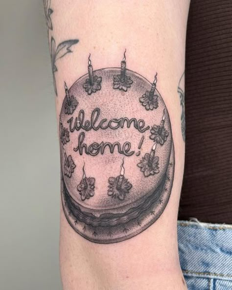 Willow Harrah Tattoo on Instagram: "The Coraline cake for Brynnli, thank you for trusting me with this for you and for Rowan🖤 This is curved around the arm a bit, swipe for other angles and a video :) 🪡studio: @singletontattoo • #dallastattooartist #dallastattoos #dallastattooshop #femaletattooist #dfwtattoo #coralinetattoo #coralinemovie #texastattooartist #blackandgreyrealism #portraittattooartist #femaletattooartist #blackworknow #armtattoos #othermother #laika #inkedmag #coralineart #coral Coraline Welcome Home Cake Tattoo, Coraline Cake Tattoo, Coraline Arm Tattoo, Coraline Themed Tattoo, Creepy Coraline Tattoo, Coraline Cat Tattoo, Coraline Tattoo Line Work, Unique Coraline Tattoos, Coraline Cake