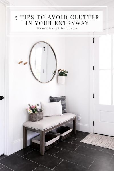 5 Tips to Avoid Clutter in Your Entryway so that your mudroom will stay organized and clean! | Cleaning tips for your mudroom. | How to keep your entryway clean and clutter-free. | Decluttering tips for your mudroom and entryway. | Mudroom reveal with tips to help keep your entryway clean. | Round mirror hanging between wood coat hooks. | Metal mail organizers hanging on a wall below a floating shelf. | An upholstered bench topped with pillows in an entry hallway. | Basket of faux flowers. Mudroom Baskets, White Mudroom, Home Decor Ideas Kitchen, Home Decor Apartment, Decor Ideas Kitchen, Family Room Sofa, Home Decor Painting, Entryway Mirror, Decor Videos