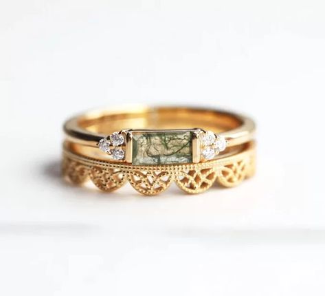 Lace Wedding Band, Dimond Ring, Ring Baguette, Green Gemstone Ring, Lace Ring, Agate Engagement Ring, Moss Agate Ring, Baguette Ring, Lace Bands