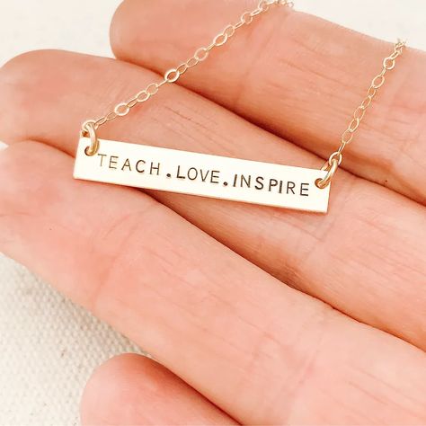 Whether they are a teacher or teacher figure in your life show them some love. Our handmade and hand-stamped necklaces, bracelets, rings, charms and pendants are the perfect gift. Whether it is gold or silver we have something for every teacher in your life. Check out our website and shop for all the teachers who changed your life. Gold Nameplate Necklace, Teacher Necklace, Scene Jewelry, Nameplate Necklace Gold, Teacher Jewelry, Teachers Necklace, Favourite Teacher, Hand Stamped Ring, Necklace Length Guide