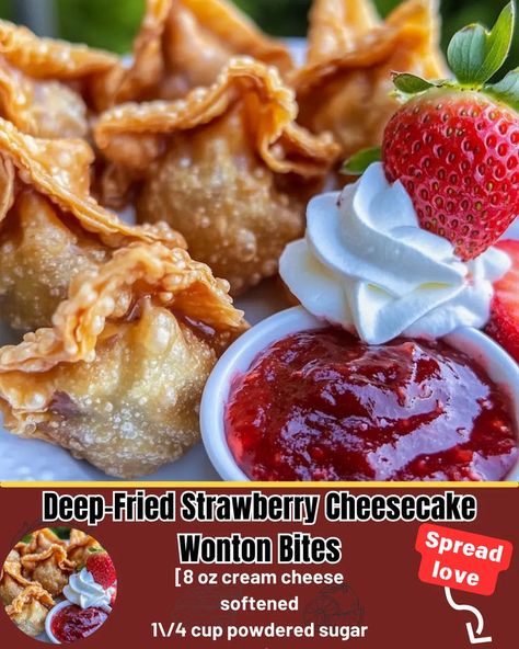 Deep-Fried Strawberry Cheesecake Wonton Bites Cheesecake Wontons, Wonton Bites, Strawberry Cheesecake Bites, Cheesecake Bites Recipe, Make Dessert, Sweet Bites, Chocolate Cream Pie, Classic Cheesecake, Wontons