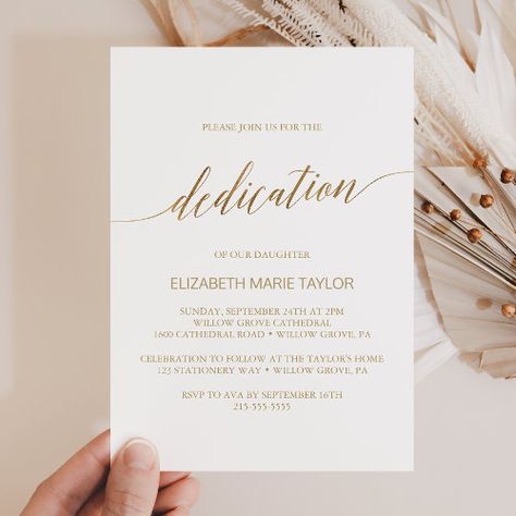 $2.93 | Elegant Gold Calligraphy Baby Dedication #calligraphy baby dedication, simple christening party, dramatic religious ceremony, romantic minimalist k023, whimsical typography, gold foil naming day, elegant dedication invitation, fall baby christening invite, modern chic printable instant download, neutral boy or girl dedication Baby Dedication Party, Baby Dedication Invitation, Dedication Invitations, Romantic Minimalist, Dedication Ideas, Whimsical Typography, Minimalist Card, Christening Party, Minimalist Cards