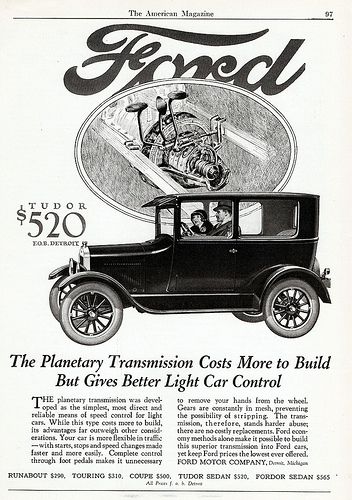 Around 1927, Harrison Ford created the Model T, a car available for most everyone at affordable prices, made possible by his use of the assembly line. Because of this assembly line, the Ford factory provided jobs for many people. It also lowered the cost of production, allowing the lower cost of the automobile. The more people that were able to buy the Model T cars, the more money Ford made. Eventually the former farmer became extremely wealthy. 1920s Car, Cost Of Production, Henry Ford Museum, Ford Model T, Old Fords, Ford Classic Cars, Assembly Line, Car Advertising, Harrison Ford