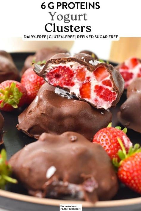 These Yogurt Clusters are the easiest, healthy snack filled with strawberries, raspberries, and protein powder for a boost of proteins. You will love their crunchy dark chocolate shell that turns this simple snack into a real treat. Chocolate Covered Yogurt Clusters, Strawberry Clusters, Yogurt Clusters, Raspberry Yogurt, Chocolate Yogurt, Plant Based Yogurt, Protein Yogurt, Pea Protein Powder, Strawberry Protein