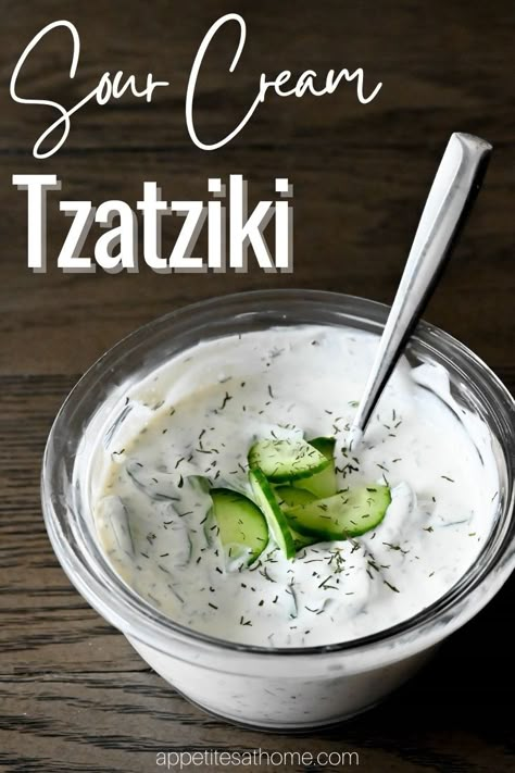 Easy Sour Cream Tzatziki Sauce - Appetites at Home Greek Cucumber, Greek Sauce, Tzatziki Recipe, Tzatziki Recipes, Cucumber Yogurt, Homemade Tzatziki, Sandwich Spread, Tzatziki Sauce, Yogurt Sauce