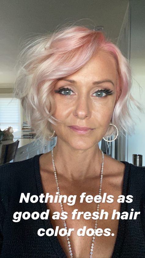 Older Woman Pink Hair, Bob Asymmetrical, Fresh Hair Color, Pink Roots, Mum Hair, Brows Done, Milkshake Hair Products, Mama Hair, Color Lashes