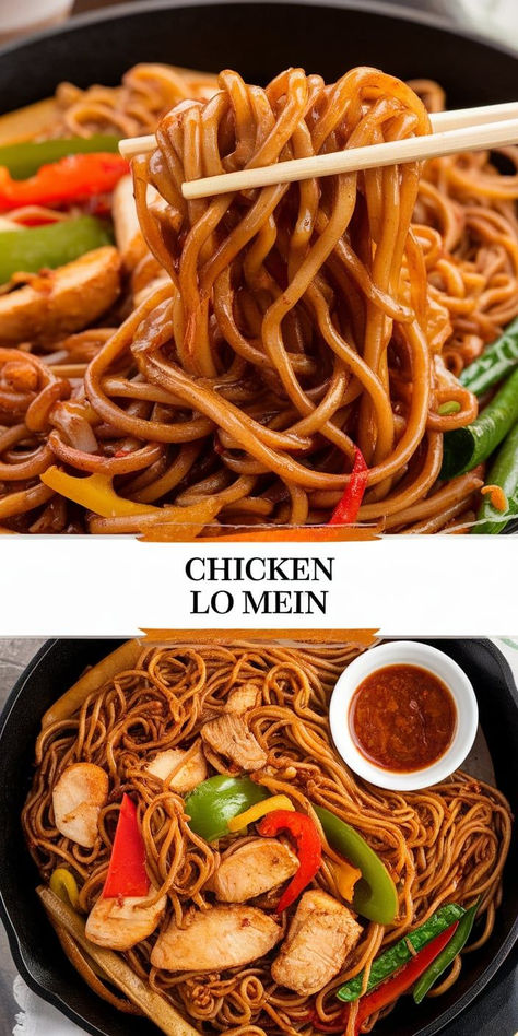 This homemade Chicken Lo Mein is packed with flavor! Juicy chicken, crisp vegetables, and savory noodles, all tossed in a tasty sauce for the perfect weeknight meal. One Pan Spicy Soy Noodles With Chicken, Lo Mein Recipe Easy Noodles, Homemade Chicken Lo Mein, Simple Lo Mein Sauce, Slow Cooker Chicken Lo Mein, Honey Garlic Chicken Lo Mein, Chicken Lo Mein Noodles Recipe, Chicken Lo Mein Recipe Easy Stir Fry, Lo Mein Sauce Recipe Easy