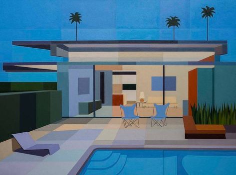 Immortalizing the Mid Century House: Paintings by Andy Burgess - 2Modern Andy Burgess, Schindler House, Kaufmann House, Nostalgic Summer, Modernist House, Mid Century Illustration, Illustration Styles, Mid Century Architecture, Architecture Painting