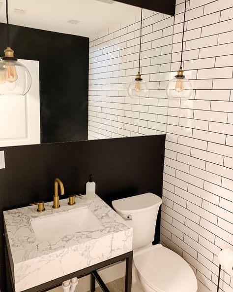 Jen + Manny on Instagram: “Powder room now has a mirror 🙌🏼 I love how we transformed this half bath from what it was. (Scroll to see) The hanging pendants were such…” Powder Room Pendant, Wood Double Vanity, Pendant Lighting Ideas, White Mosaic Tile, Powder Room Vanity, White Shiplap Wall, Blue Ceilings, White Bathroom Tiles, Grey Countertops