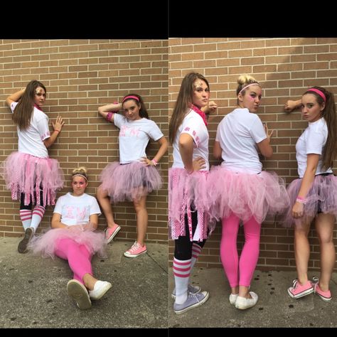 Spirit week: college day: society girls. Pink tutu. Cutt out fabric society sign and glued to white tee. Plus pink face paint! Pink Out Dress Up Day School, Pink Out Spirit Week, Pinkout Ideas Outfits, Fnl Outfits, Pink Face Paint, Besties Gifts, Abc Party Costumes, Pink Sign, Homecoming Spirit Week