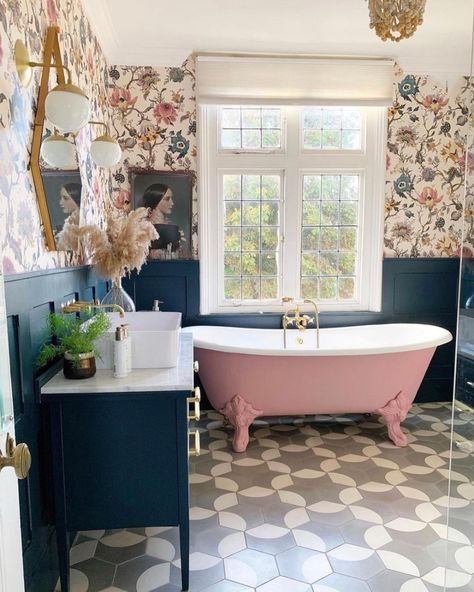 Katie Woods (@comedowntothewoods) • Instagram photos and videos Gold Sink, Pink Tub, Colored Sinks, Monochrome Bathroom, Bathroom Plans, Tub Bathroom, Pretty Bathrooms, Window Ledge, Bath Renovation