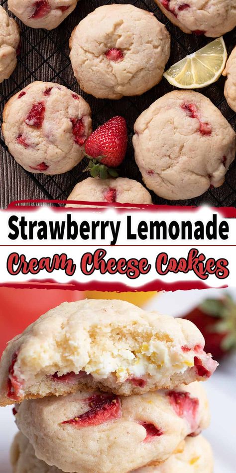 These Strawberry Lemonade Cream Cheese Cookies are soft and chewy with a cream cheese filling. They are the perfect spring and summer treat. Lemon Strawberry Cookies, Strawberry Lemon Cookies, Strawberry Cream Cheese Cookies, Strawberry Lemonade Cookies, Oatmeal No Bake Cookies, Homemade Strawberry Lemonade, Cream Cheese Ball, Cookie Recipes From Scratch, Dessert Recipies