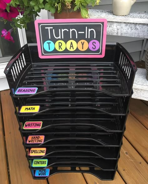 Classroom Management Decor, Teacher Desk Organization Ideas Elementary, Student Work Organization Ideas, Organization Ideas For Teachers, Classroom Turn In Trays, Fun Elementary Classroom Themes, Classroom Setup Elementary Desks, Paper Turn In Classroom Organization, Type A Teacher Organization