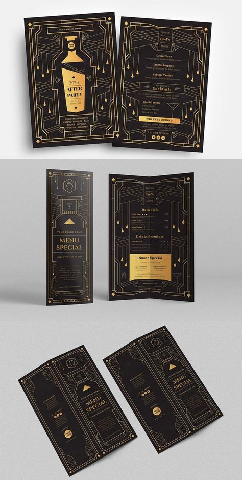 Speakeasy Menu Design, Art Deco Signs, Art Deco Menu Design, Gatsby Restaurant, Luxury Menu Design, Bar And Restaurant Design, Art Deco Branding, Gold Bar Design, Art Deco Website