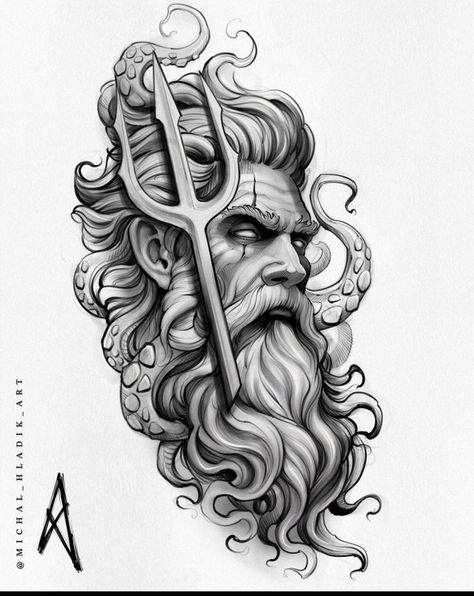 Poseidon Tattoo Stencil, Zeus Tattoo Design, Voll Arm-tattoos, Half Sleeve Tattoos Sketches, Greek God Tattoo, Poseidon Tattoo, Starověký Egypt, Zeus Tattoo, Medusa Tattoo Design