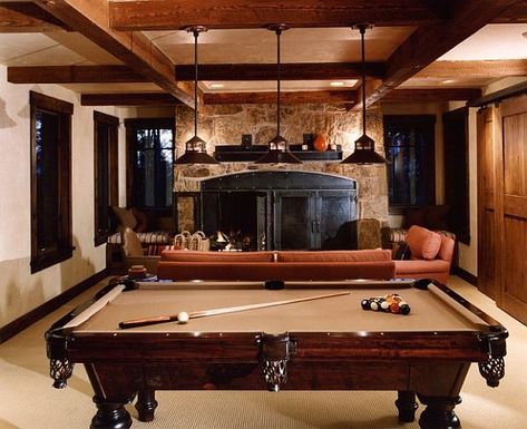 Rustic rec room with pool table Rustic Pool Table Lights, Billards Room, Rustic Family Room, Pool Table Room, Traditional Family Room, Recreational Room, Pool Table Lighting, Rustic Fireplaces, Pool Rooms