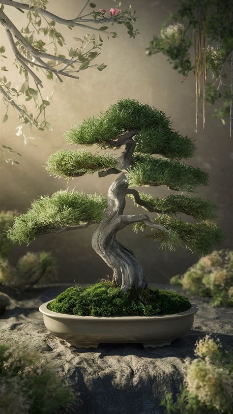 Immerse yourself in the serene beauty of our bonsai tree wallpaper. This artwork captures a miniature tree styled with elegance, surrounded by lush greenery and delicate pastel blooms. Experience the tranquil ambiance created by soft sunlight and gentle shadows, inspired by Japanese ink wash painting and Impressionism. Perfect for nature lovers and art enthusiasts looking to enhance their space. #BonsaiTree #Wallpaper #NatureArt #InteriorDesign Bonsai Tree Wallpaper, Bonsai Tree Painting, Japanese Bonsai Tree, Wash Painting, Ink Wash Painting, Japanese Bonsai, Miniature Trees, Ink Wash, Tree Wallpaper