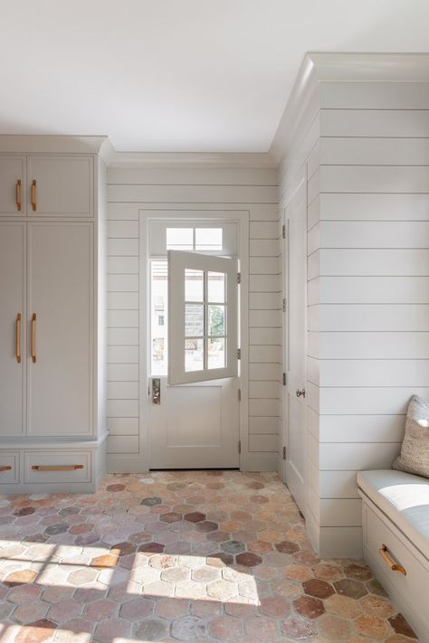 Chango & Co. Mudroom Lockers, Mudroom Design, Leather And Wood, Custom Furniture Design, Dutch Door, Brick Flooring, Laundry Mud Room, Interior Design Magazine, Waterfront Homes